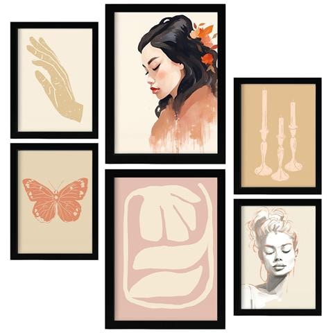 Set Di 6 Stampe Poster ""pensieri Nelle Donne"", Dipinti Decorativi Estetici Per Il Tuo Soggiorno, Camera Da Letto, Casa A3 & A4 Cornice Nera - Foto 1