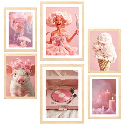 Set Di 6 Stampe Illustrazione Di Design Iconica, Rosa, Audace E Giovanile Per Decorare Le Pareti Della Tua Casa A3 & A4 Telaio In Legno Chiaro - Foto 1