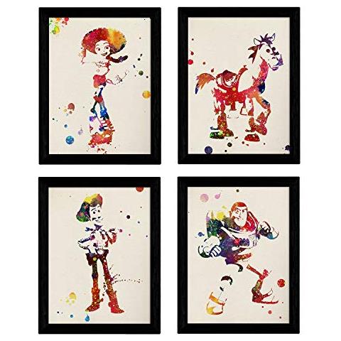 Set Di 4 Stampe Un Insieme Di Quattro Colori Fogli Di Scoppio Poster Toy Story Buzz Woody Jessie E Il Colore Fondo Cavallo Acurela Senza Cornice A3 - Foto 1
