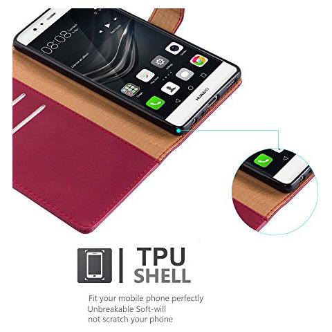 Custodia Compatibile Con Huawei P9 In Rosso Vinaccia - Coperchio Protettiva Con Chiusura Magnetica, Funzione Stand E Tasca Per Le Carte - Foto 2