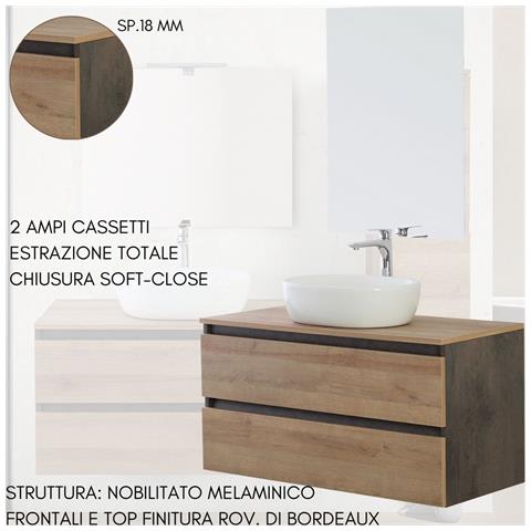Mobile Bagno Sospeso Con Lavabo Da Appoggio E Specchio 2 Cassetti Salvaspazio, Arredo Bagno In Legno 80 Cm Rovere Di Bordeaux - Foto 2
