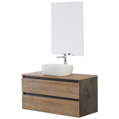 Mobile Bagno Sospeso Con Lavabo Da Appoggio E Specchio 2 Cassetti Salvaspazio, Arredo Bagno In Legno 80 Cm Rovere Di Bordeaux - Foto 1
