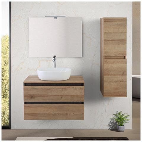 Mobile Bagno Sospeso Con Lavabo Da Appoggio E Specchio 2 Cassetti Salvaspazio, Arredo Bagno In Legno 80 Cm Rovere Di Bordeaux - Foto 6