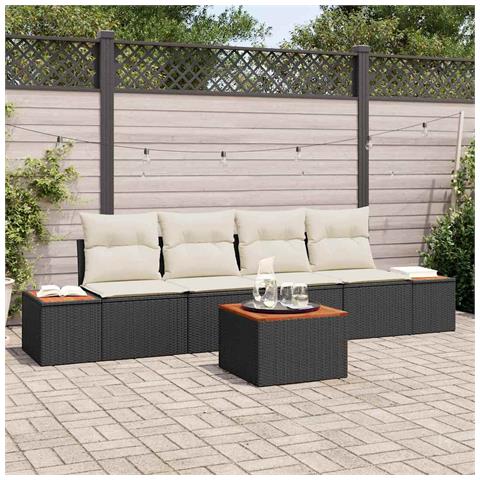 Set di divani da giardino da 5 pezzi con cuscini neri in polyrattan e acacia - Foto 2