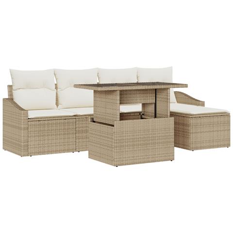 Set da giardino 6 pezzi con cuscini beige in polyrattan - Foto 1