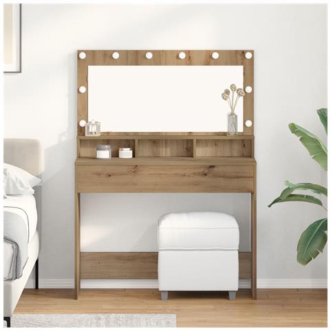 Tavolo per trucco con luci LED in rovere artigianale, 100x41x135 cm - Foto 2