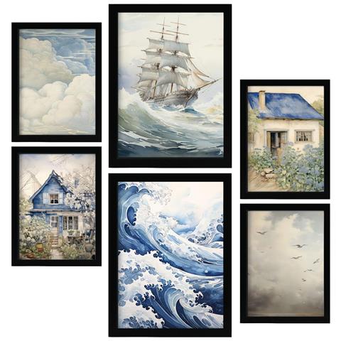 Set Di 6 Stampe Casa Sul Lago Nell'asilo Dipinti Decorativi Estetici Per Il Tuo Soggiorno, Camera Da Letto, Casa A3 & A4 Cornice Nera - Foto 1