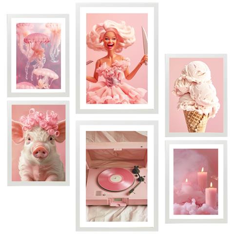 Set Di 6 Stampe Illustrazione Di Design Iconica, Rosa, Audace E Giovanile Per Decorare Le Pareti Della Tua Casa A3 & A4 Cornice Bianca - Foto 1