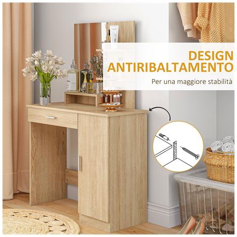 Tavolo Per Trucco In Truciolato Con Mobiletto, Cassetto, Ripiani Aperti E Specchio, 90x38x138 Cm - Foto 2