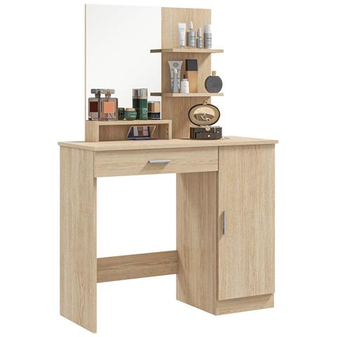 Tavolo Per Trucco In Truciolato Con Mobiletto, Cassetto, Ripiani Aperti E Specchio, 90x38x138 Cm - Foto 1