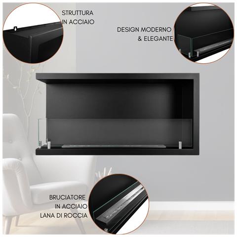 Camino Bioetanolo Da Parete Biocamino Da Incasso 1,5 Lt Riscaldamento 30 M2, In Acciaio Con Vetro Temperato - 90 Cm Nero - Foto 6
