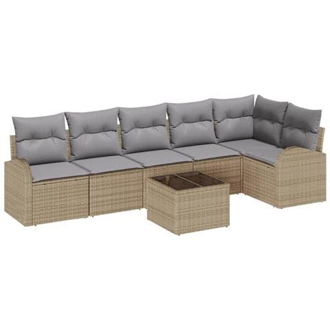 Set di divani da giardino 7 pezzi con cuscini in polyrattan nero, Divano da giardino 2 posti con spazio di stoccaggio e cuscini in polyrattan beige - Foto 1