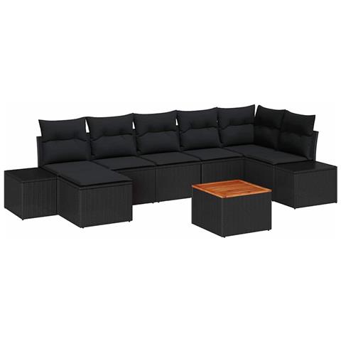 Set di mobili da giardino composto da 8 pezzi con cuscini neri in polyrattan e acacia - Foto 1