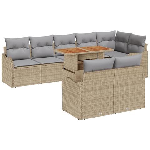 Set di Divani da Giardino 9 Pezzi con Cuscini Beige Polirattan Acacia, Divano da Giardino 2 Posti con Cuscini Beige Polirattan - Foto 1