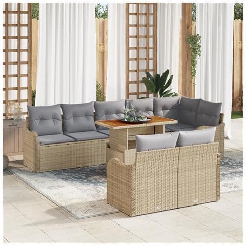 Set di Divani da Giardino 9 Pezzi con Cuscini Beige Polirattan Acacia, Divano da Giardino 2 Posti con Cuscini Beige Polirattan - Foto 2