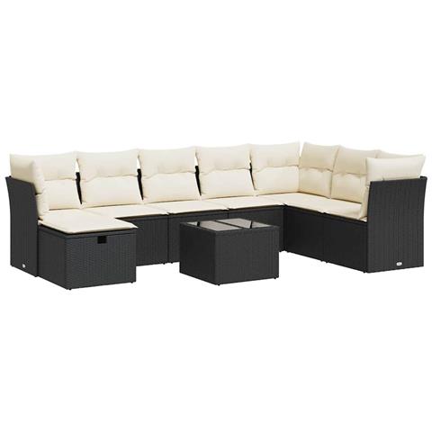Set Divani da Giardino 9 pz con Cuscini Nero in Polyrattan - Foto 1