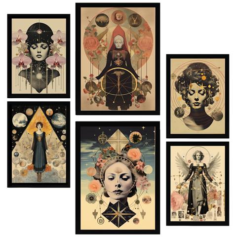 Set Di 6 Stampe Dipinto Decorativo Surreale Collage Femminile In Mistico Esoterico Incorniciato Con Illustrazioni A3 & A4 Cornice Nera - Foto 1