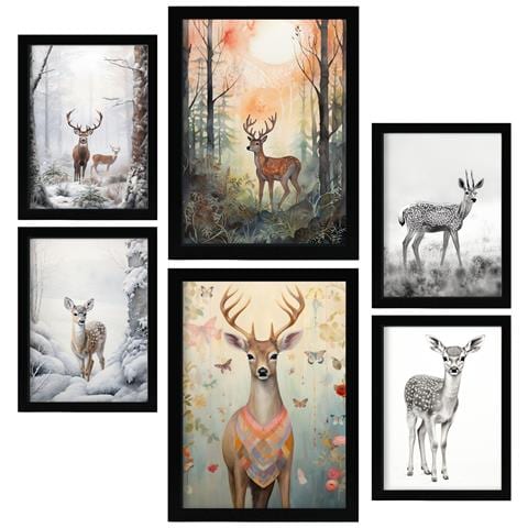 Set Di 6 Stampe Dipinti Decorativi Estetici Raffiguranti Cervi All'asilo Per Il Soggiorno, La Camera Da Letto E La Casa A3 & A4 Cornice Nera - Foto 1