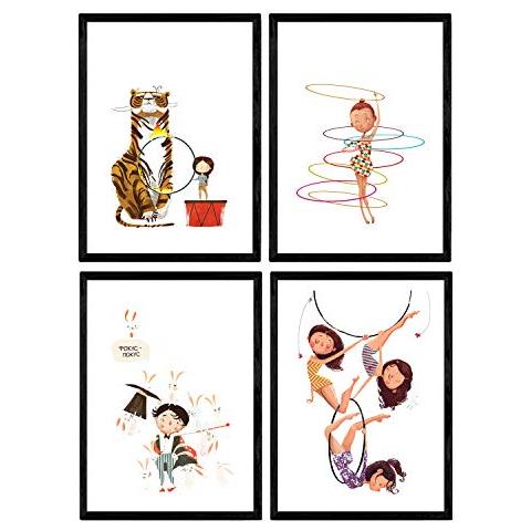 Set Di 4 Stampe Poster Con Illustrazioni Del Circo. Mago Di Leon Acobata E Contorsionisti. Bambini Nel Circo. Fogli Decorativi Senza Cornice A4 - Foto 1