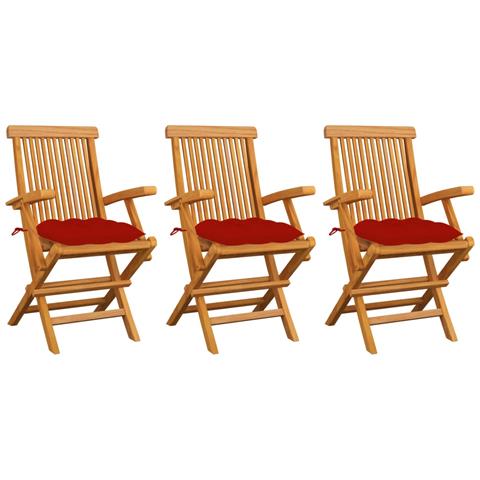 Sedie da Giardino con Cuscini Rossi 3 pz in Massello di Teak - Foto 1