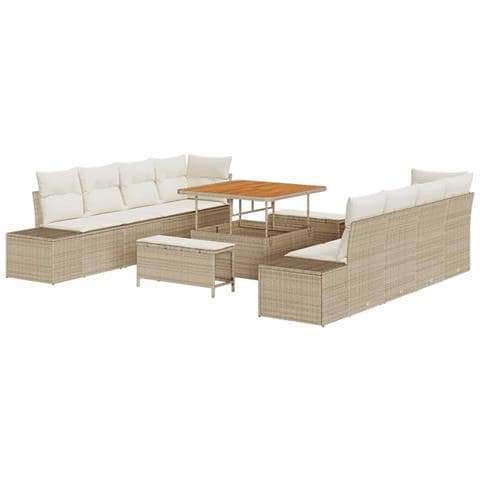 Set Divano da Giardino in 11 Pezzi con Cuscini, Polyrattan Beige e Acacia,  Divano da Giardino per Due Persone con Cuscini, Polyrattan Beige,  Set da Pranzo da Giardino in 3 Pezzi con Cuscini, Polyrattan Beige e Acacia - Foto 1