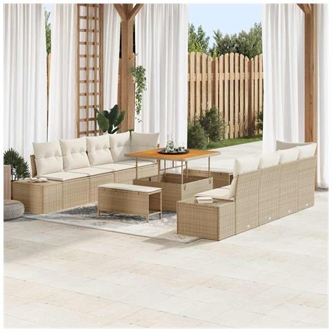 Set Divano da Giardino in 11 Pezzi con Cuscini, Polyrattan Beige e Acacia,  Divano da Giardino per Due Persone con Cuscini, Polyrattan Beige,  Set da Pranzo da Giardino in 3 Pezzi con Cuscini, Polyrattan Beige e Acacia - Foto 2