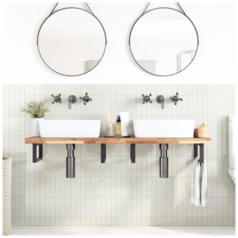 Ripiano A Parete Per Lavabo In Acciaio E Massello Di Acacia - Foto 2