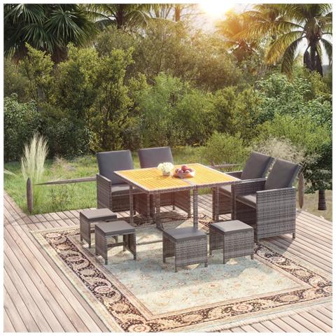 Set Pranzo da Giardino 9 pz con Cuscini in Polyrattan Grigio - Foto 2