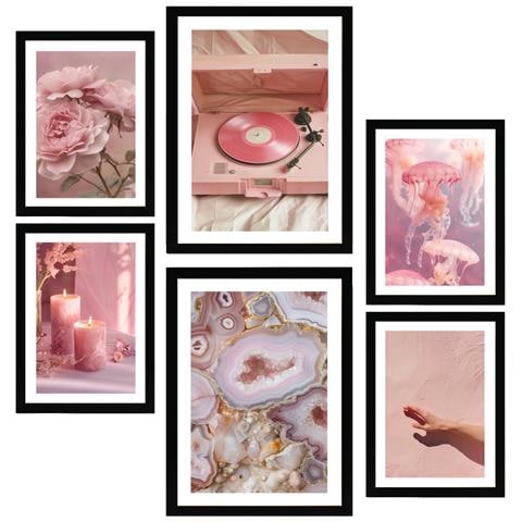 Set Di 6 Stampe Arte Decorativa, Foglio Incorniciato Rosa Con Illustrazione Di Design Per La Decorazione Della Parete Dell'ufficio Domestico A3 & A4 Cornice Nera - Foto 1