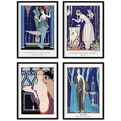 Set Di 4 Stampe Toni Blu Vintage. Poster Con Opere D'arte Art Deco Dell'artista Francese George Barbier. Decorazione D'interni Senza Cornice A3 - Foto 1