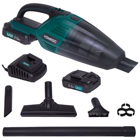 VONROC Aspirabriciole | aspiratore Portatile Vpower 20v. Include 2 Batterie 2.0ah Caricatore Contenitore Da 0 5 Litri 3 Ugelli Ed Estensione