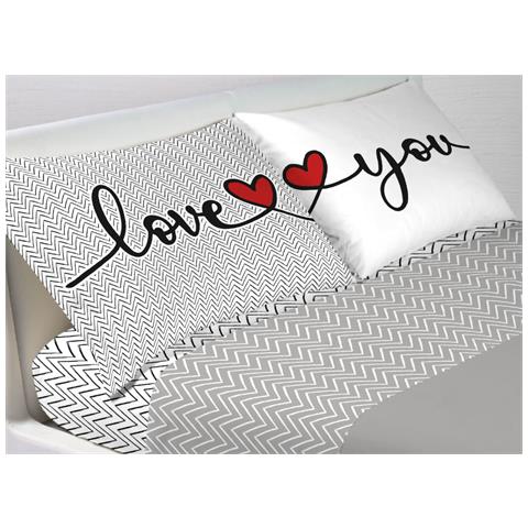 Completo Lenzuola Letto In 100% Cotone Made Italy Disegno Happy Gi Francese Love You - Foto 1