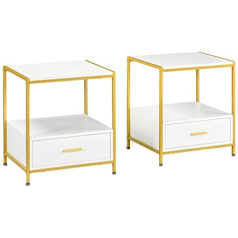 Set Di 2 Comodini Moderni Con Cassetto E Ripiano Aperto, 50x40x55cm, Bianco E Oro - Foto 1