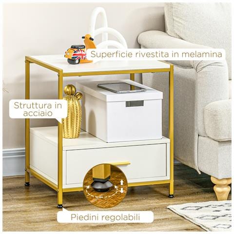 Set Di 2 Comodini Moderni Con Cassetto E Ripiano Aperto, 50x40x55cm, Bianco E Oro - Foto 6