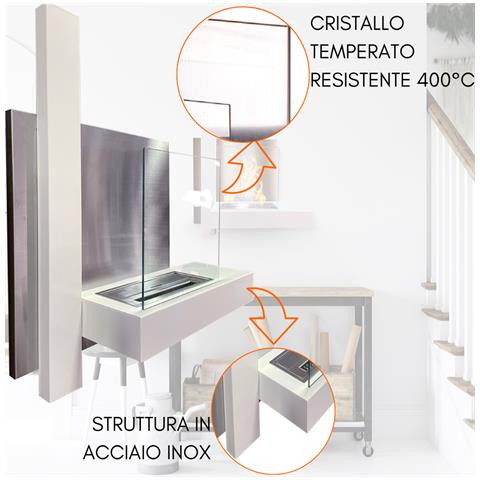 Camino Bioetanolo Da Parete Biocamino Ecologico 1,5 Lt In Acciaio Con Vetro Temperato 90 M2 - Bianco - Foto 2