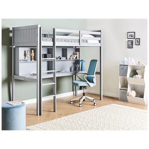 Letto Matrimoniale Alto Con Scrivania Legno Di Pino Foucamont 90 X 200 Cm Grigio - Foto 1