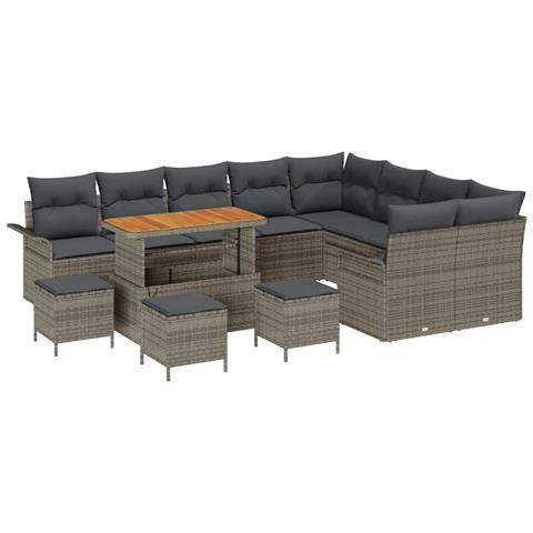 Set Divano da Giardino 13 Pezzi con Cuscini Grigio in Rattan Polirattan Acacia, Set da Pranzo Giardino 4 Pezzi con Cuscini Grigio in Rattan Polirattan Acacia, Divano da Giardino per 2 Persone con Cuscini Grigio in Rattan Polirattan - Foto 1