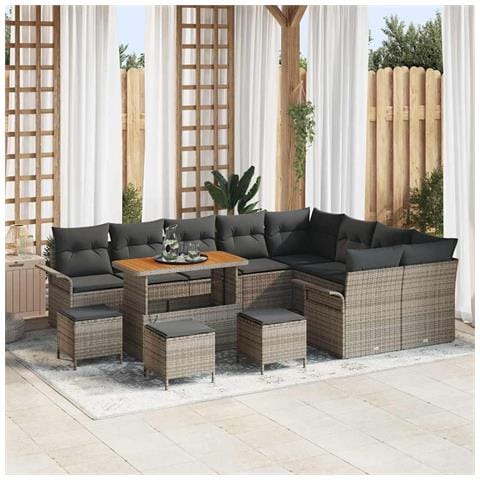 Set Divano da Giardino 13 Pezzi con Cuscini Grigio in Rattan Polirattan Acacia, Set da Pranzo Giardino 4 Pezzi con Cuscini Grigio in Rattan Polirattan Acacia, Divano da Giardino per 2 Persone con Cuscini Grigio in Rattan Polirattan - Foto 2