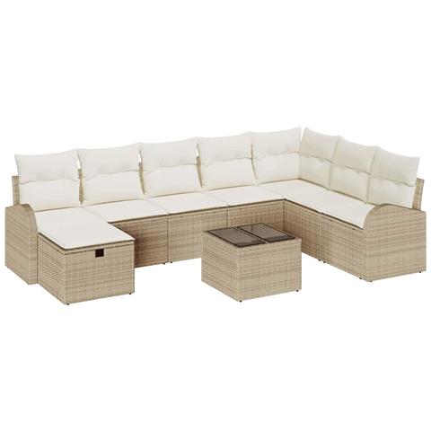 Set divano da giardino 9 pezzi con cuscini rattan polietilene beige - Foto 1