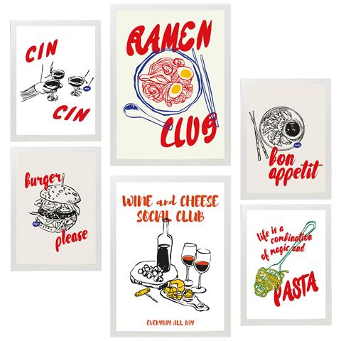 Set Di 6 Stampe Illustrazioni Decorative Di Cibo E Pop Art Ramen E Pasta Incorniciati Con Illustrazioni A3 & A4 Cornice Bianca - Foto 1
