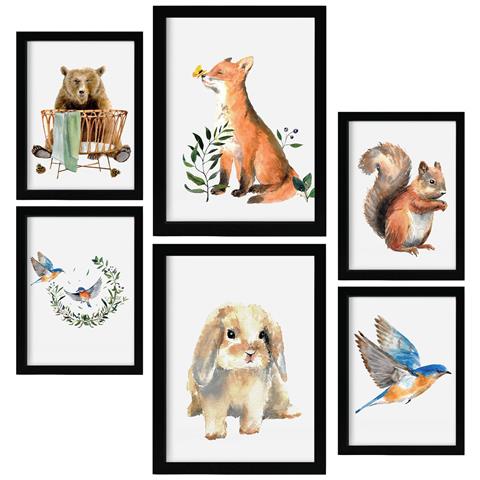 Set Di 6 Stampe Animali Ad Acquerello Per La Scuola Materna: Dipinti Decorativi Estetici Per Il Tuo Soggiorno, Camera Da Letto E Casa A3 & A4 Cornice Nera - Foto 1