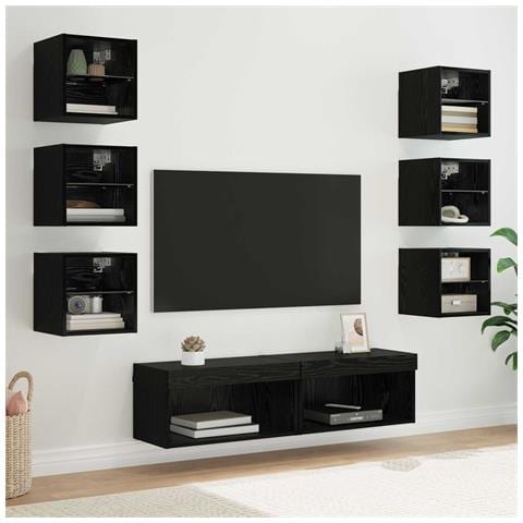 Mobile TV con luci a strisce a LED 8 pcs Rovere Nero Vetro - Foto 2