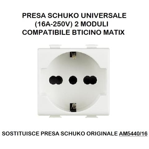 Presa Schuko Universale (16a-250v) 2 Moduli Compatibile Bticino Matix Bianco - Foto 1