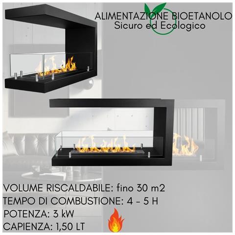 Camino Bioetanolo Da Parete Biocamino Da Incasso 1,5 Lt Riscaldamento 30 M2, Bruciatore In Acciaio Con Vetro Temperato - 90 Cm Nero - Foto 2