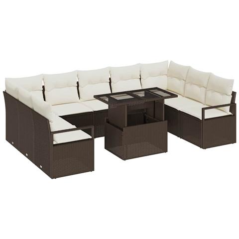 Set di Sofà da Giardino 10 Pezzi con Cuscini Polyrattan Marrone, Divano da Giardino 2 Posti con Cuscini Polyrattan Marrone - Foto 1