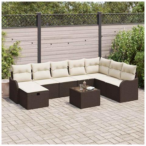 Set Divano da Giardino 9 Pezzi con Cuscini Rattan Polietilene Marrone, Divano da Giardino 2 Posti con Spazio di Stoccaggio e Cuscini Rattan Polietilene Marrone - Foto 2