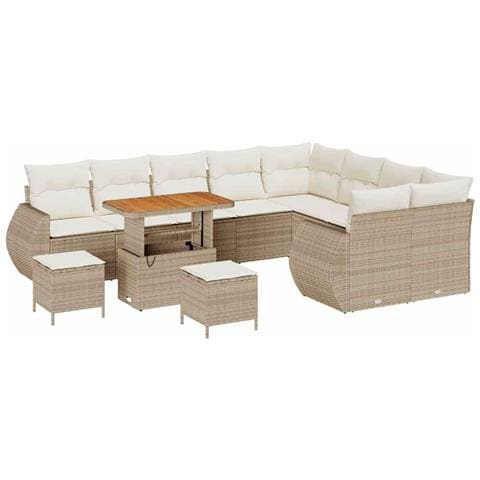 Set Divano da Giardino in 12 Pezzi con Cuscini Beige Rattan Poli Acacia, Set da Pranzo da Giardino in 3 Pezzi con Cuscini Beige Rattan Poli Acacia - Foto 1