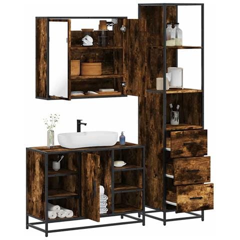 Set Mobili da Bagno 3 pz Rovere Fumo in Legno Multistrato - Foto 2
