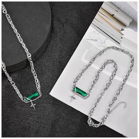 Catena Argento Unisex Con Cristallo Verde Alla Moda Elegante 26.5cm Regalo - Foto 2