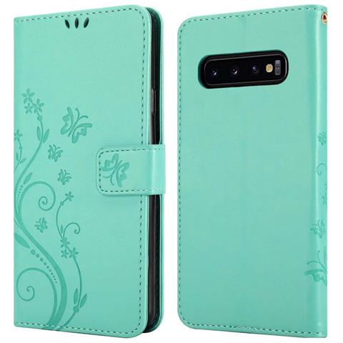 Custodia Compatibile Con Samsung Galaxy S10 Plus In Turchese Fiore - Coperchio Protettivo In Design Floreale Con Chiusura Magnetica, Funzione Stand E Slot Per Carte - Foto 11